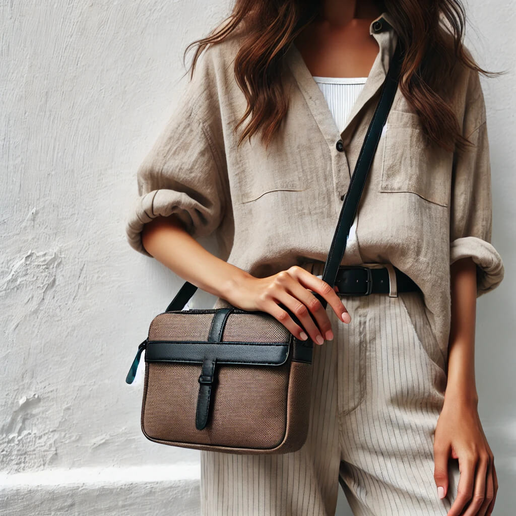 Female model wearing a crossbody bag standing in front of a white wall