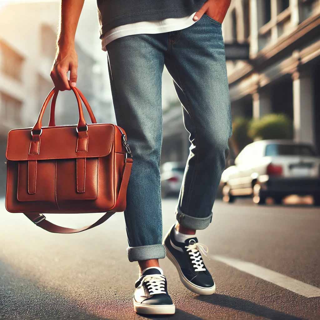 A person carrying a medium-sized leather satchel bag during a casual outing on the street.