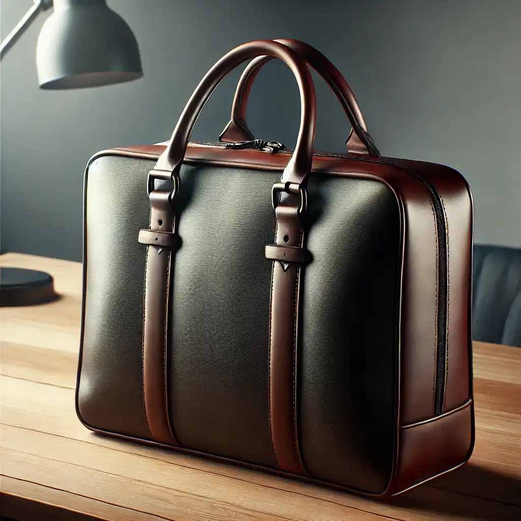 A stylish leather satchel bag on a wooden desk, showcasing its luxurious appearance and professional vibe