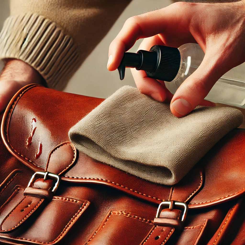 Leather satchel being cleaned with a microfiber cloth, demonstrating surface stain removal.