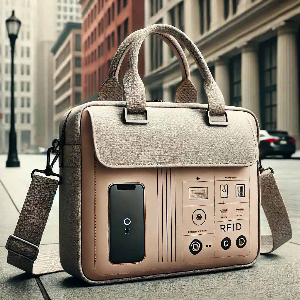 A modern, eco-friendly satchel bag made from sustainable materials, showcasing the blend of fashion, technology, and sustainability in contemporary designs