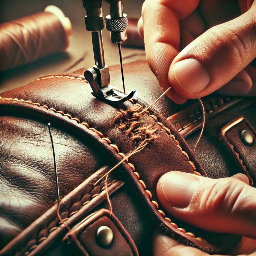 A close-up of a person repairing a torn leather strap on a satchel using heavy-duty stitching and an upholstery needle.