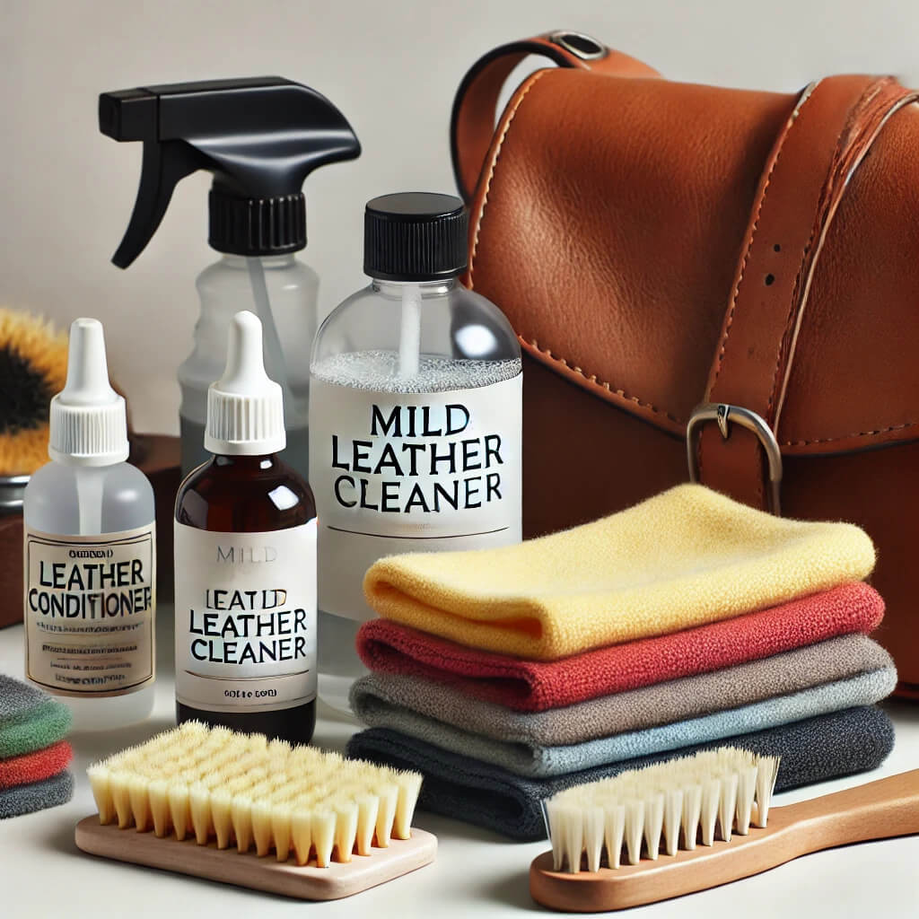 the tools and supplies for cleaning a leather purse